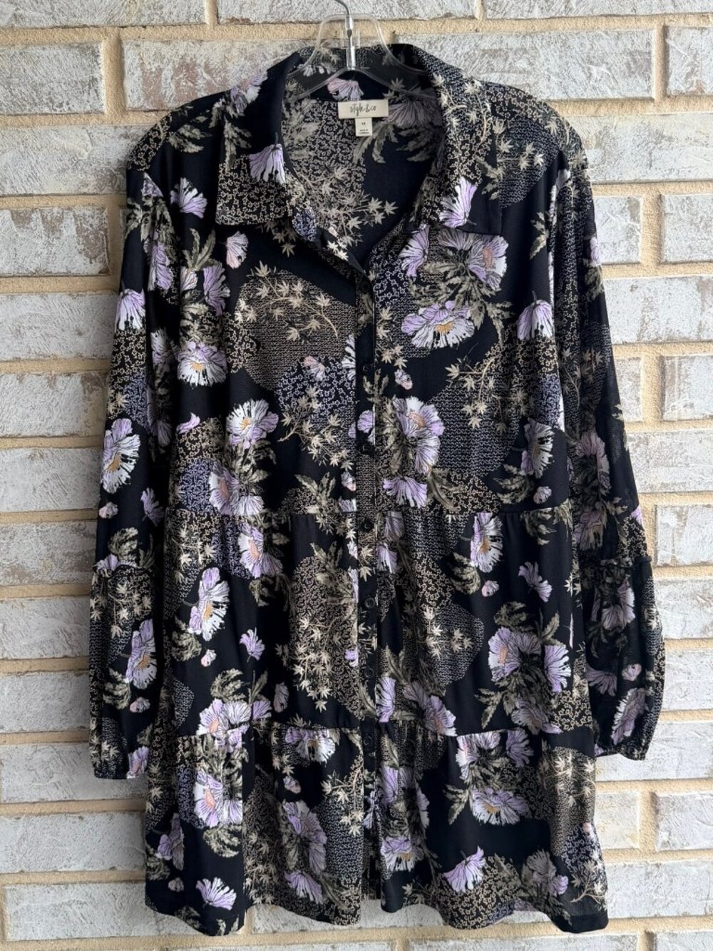 Style & Co Long Sleeve Button Up Sheer Floral Tiered Blouse Women's Size 1X